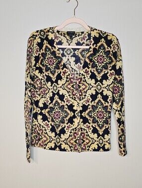 Talbots Merino Wool Button Front Sweater Floral Print Size Small Yellow  Blue